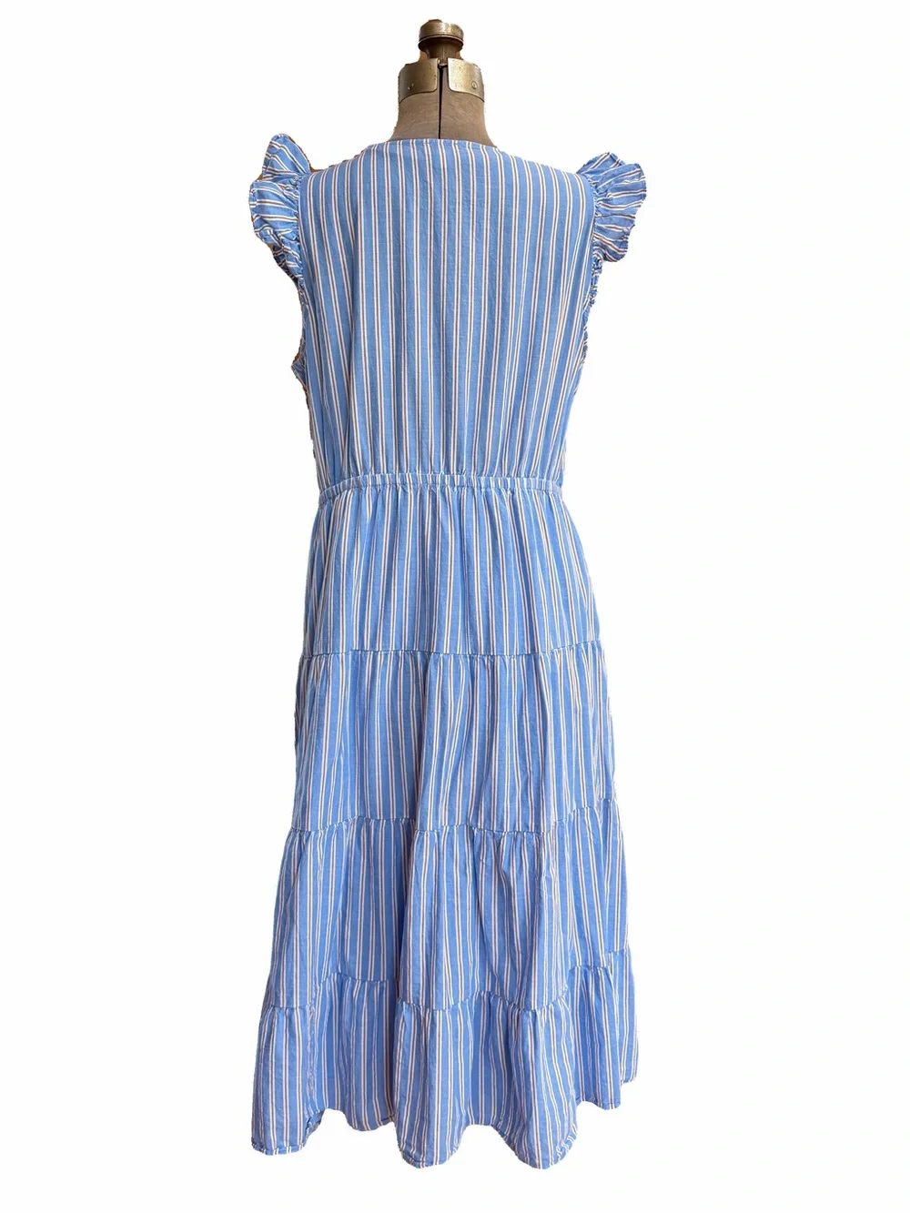 J. Crew V-Neck Cotton Ruffle Cap Sleeve Tiered Striped Midi Dress